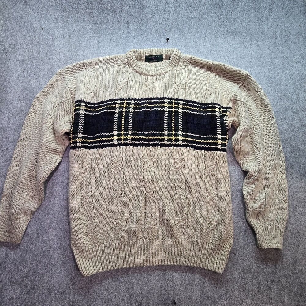 Embassy Row Hand Knits XL Ramie Cotton Cream Plaid Crewneck Sweater